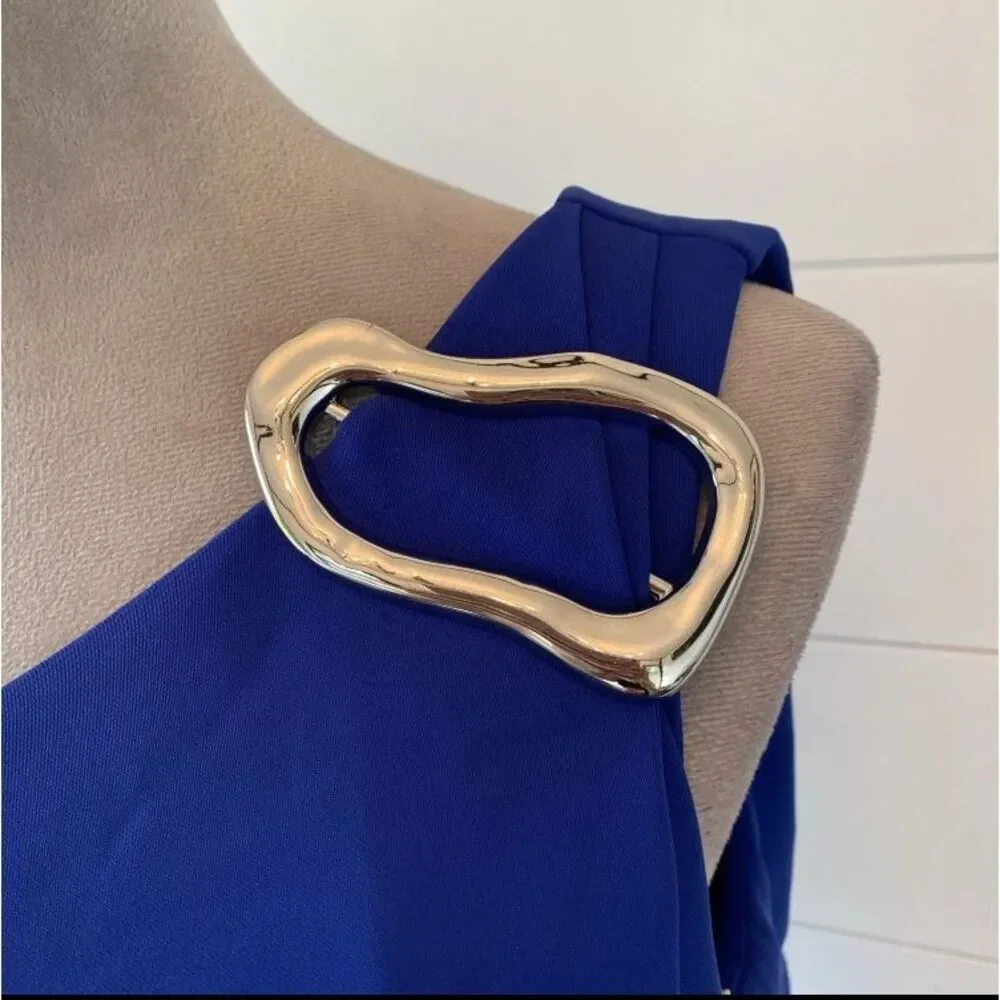 Halston Prussian Blue Joelle One-Shoulder Fluid Crepe Gown Size 2 NWT